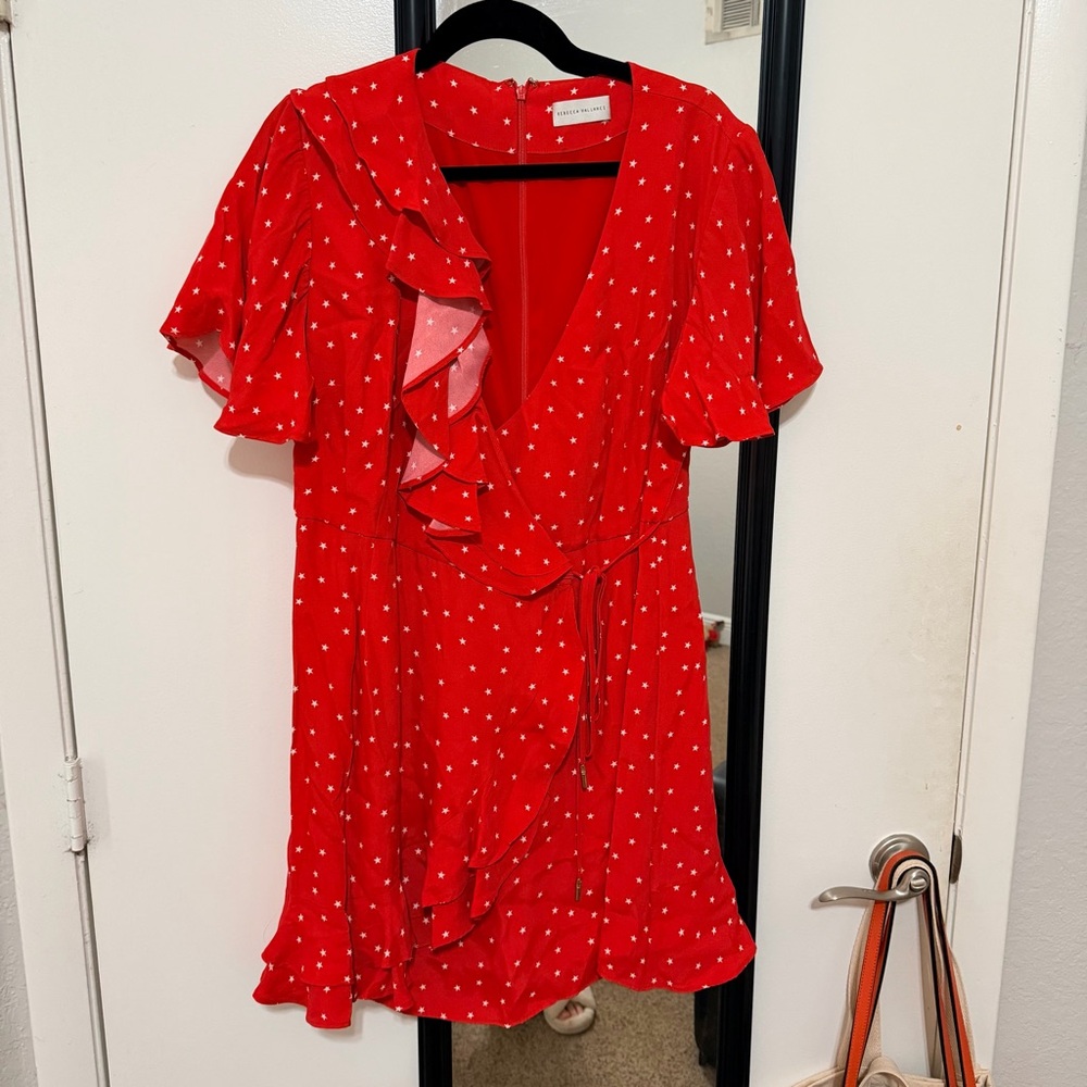Rebecca Vallance Red Star-Pattern Wrap Mini Dress (UK 14)